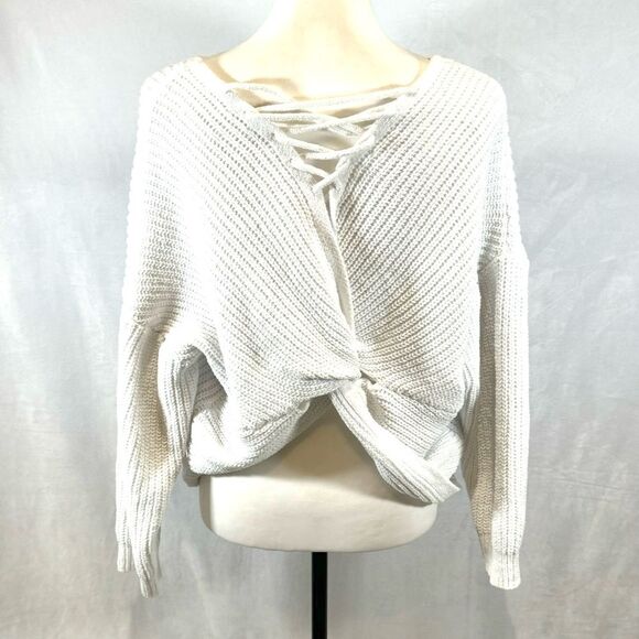 White lace up twist back sweater size large - Picture 4 of 6